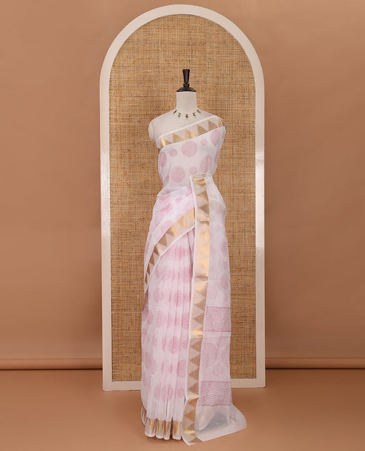 White-pink circular motifs printed mercerised cotton saree, temple zari border, circular motifs printed pallu & matching zari border blouse