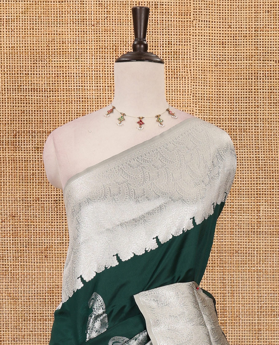 Bottle green silver zari manga buttas Elite soft silk saree, contrast traditional zari border, intricate zari pallu & contrast zari buttas blouse
