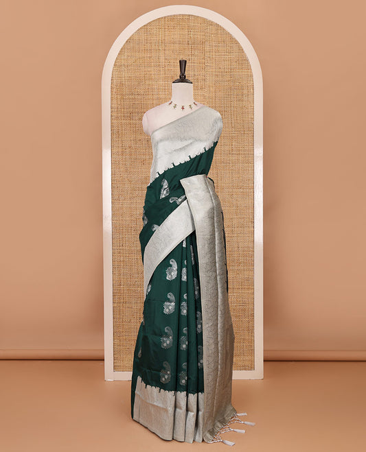 Bottle green silver zari manga buttas Elite soft silk saree, contrast traditional zari border, intricate zari pallu & contrast zari buttas blouse