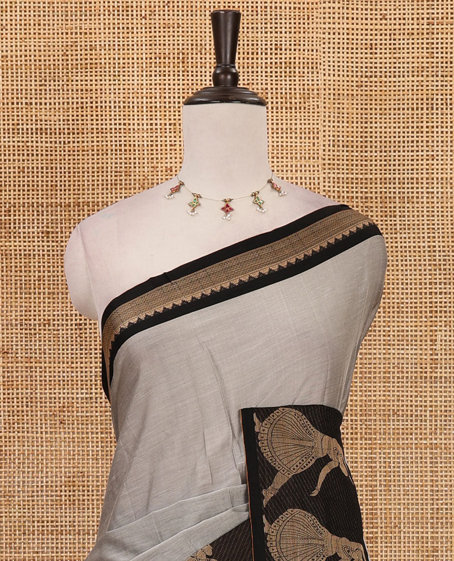 Grey full-plain Mercerised cotton saree, contrast resham  thread dancing Bharatanatyam girl motifs woven border, striped pallu & plain blouse