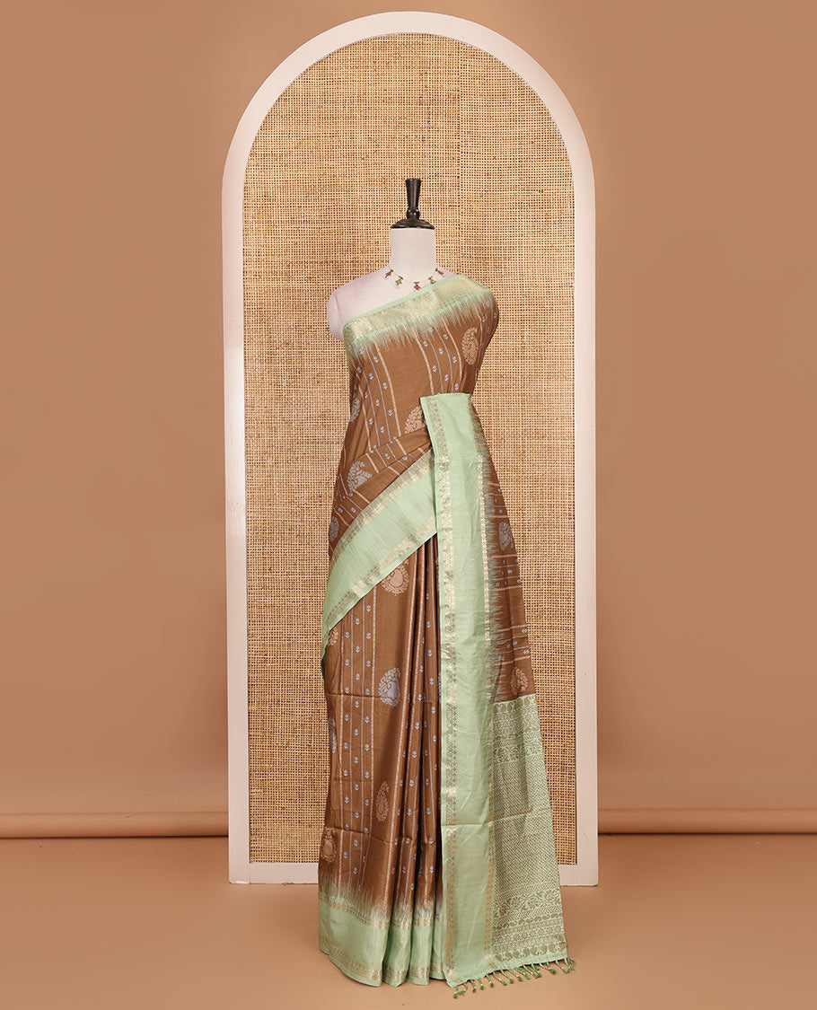 Brown floral, manga and striped katan silk saree, contrast rettai pettu temple border of diamond and Greek key design, jaal pallu, and contrast printed blouse