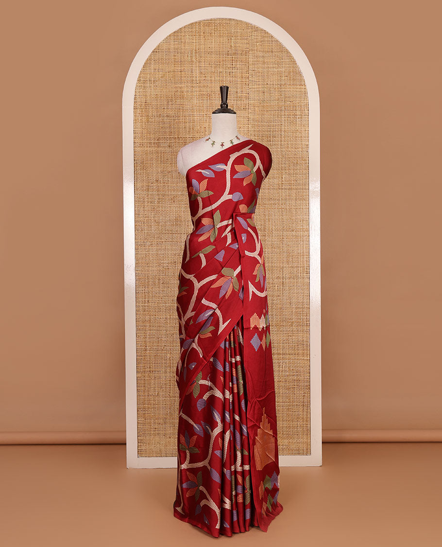 Borderless maroon jamdani weaving design gajji silk saree and  jamdani design self pallu along with printed blouse