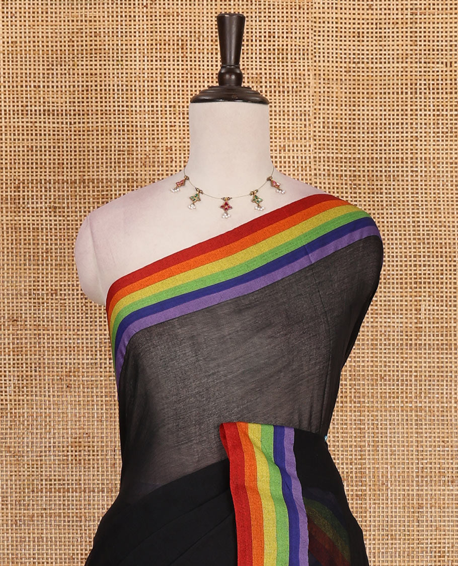 Inky black plain khadi mul cotton saree, contrast rainbow color striped border and plain colorful bordered blouse