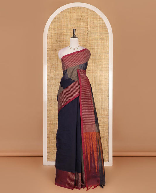Navy blue thread woven veldhari striped Handloom cotton saree, contrast polka dots thread border, temple pallu, and matching plain blouse