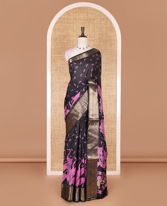 Black-purple dargon fly and cranes motifs printed dola silk saree, contrast gold zari border, Mughal floral printed pallu, and dragon fly printed blouse