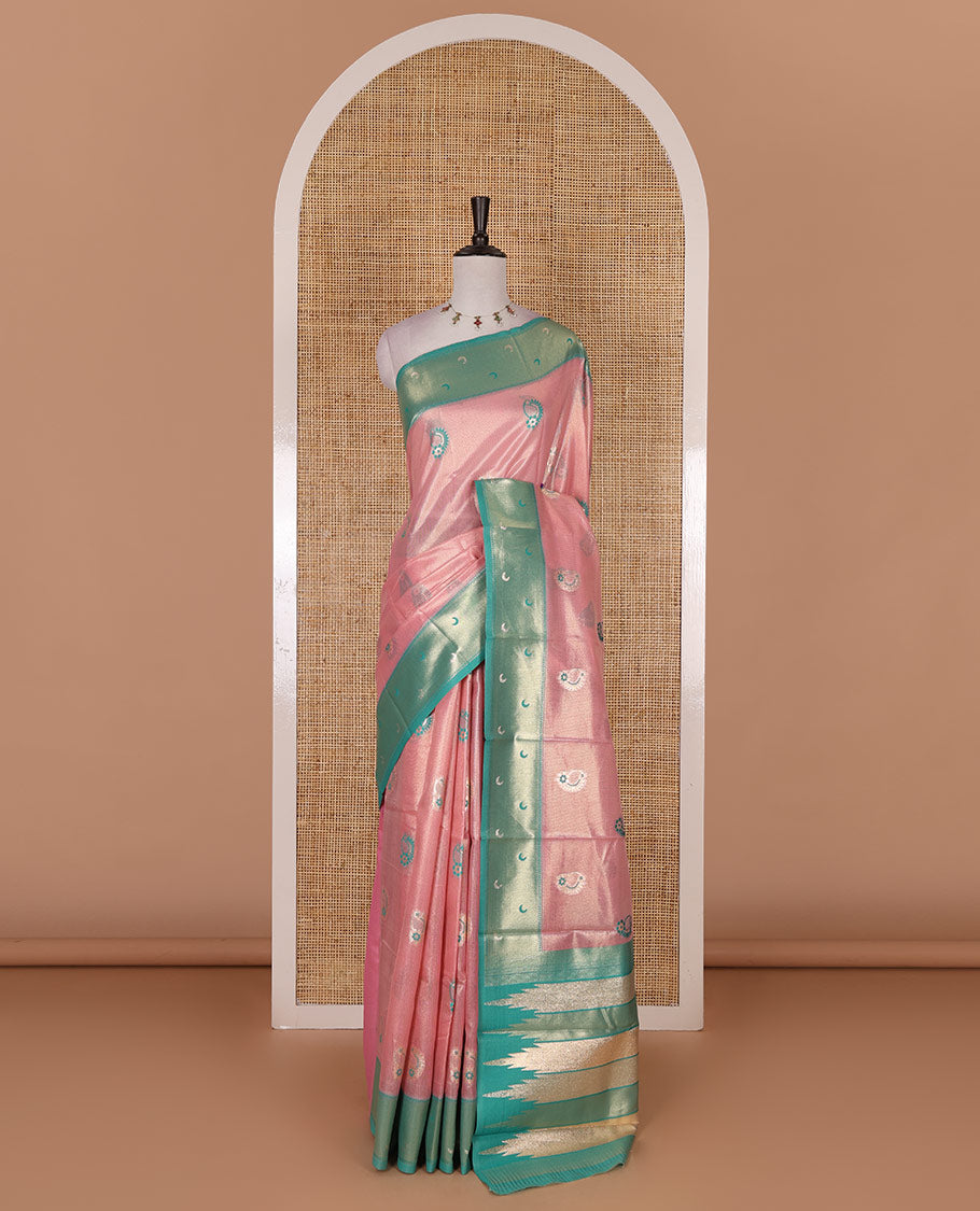 Pink antique buttas tissue silk saree, contrast satin zari border of half-moon motifs, pallu of temple design pallu, and contrast butta blouse