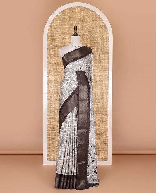 Cream and black Madhubani village theme characters printed soft tussar saree, contrast traditional zari border, Madhubani printed pallu, and a matching blouse