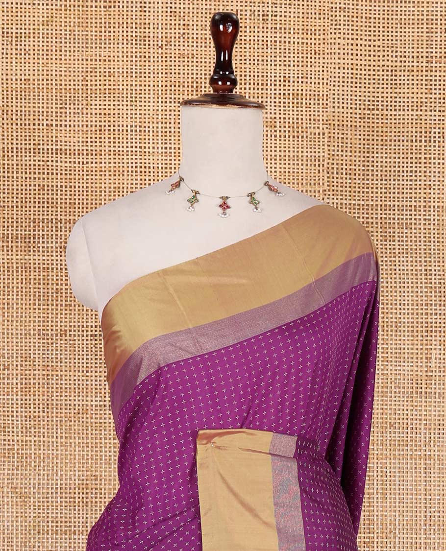 Purple-green plus-shaped buttas steeped semi-soft silk saree, contrast satin border of stripes, striped pallu, and contrast blouse