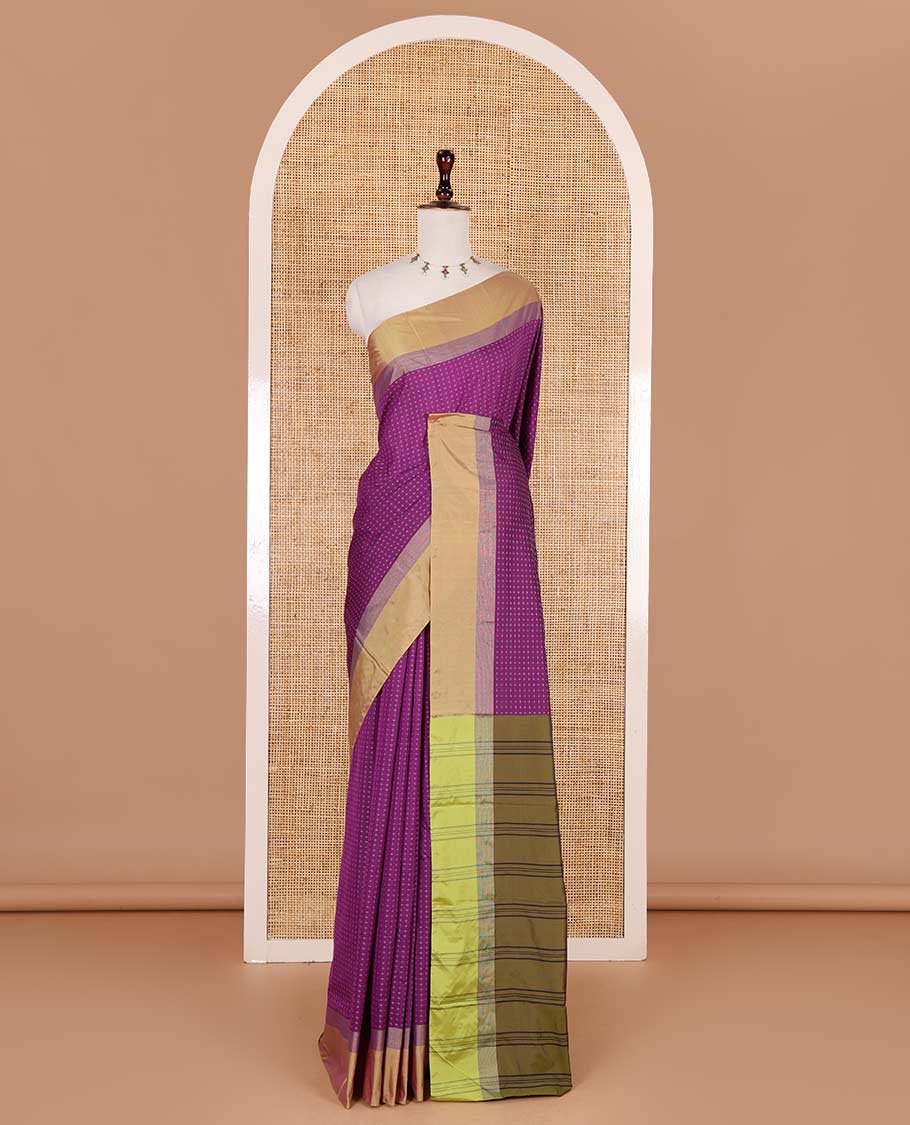 Purple-green plus-shaped buttas steeped semi-soft silk saree, contrast satin border of stripes, striped pallu, and contrast blouse
