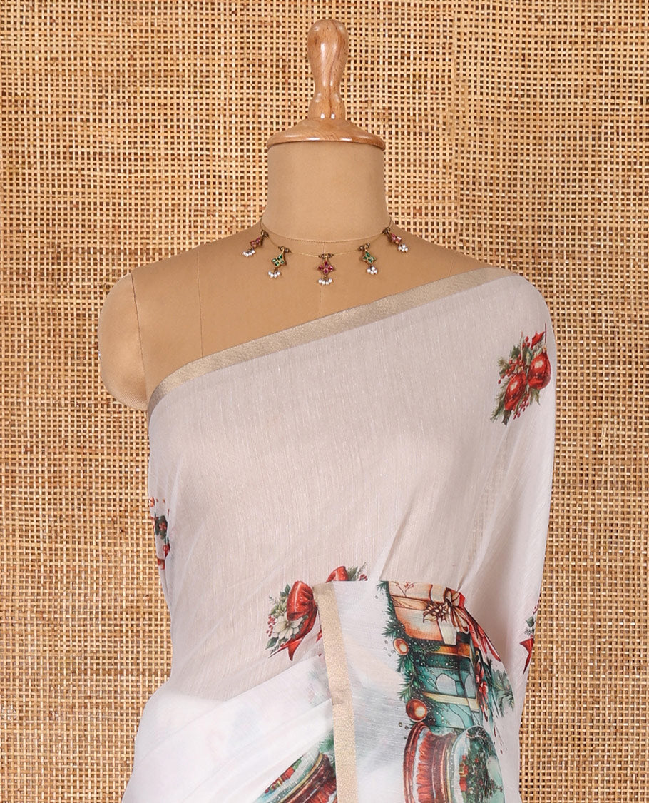 White Christmas-theme motifs digital printed Chanderi cotton saree, piping zari border, pallu of Christmas tree and gift motifs print, and Christmas-theme printed blouse