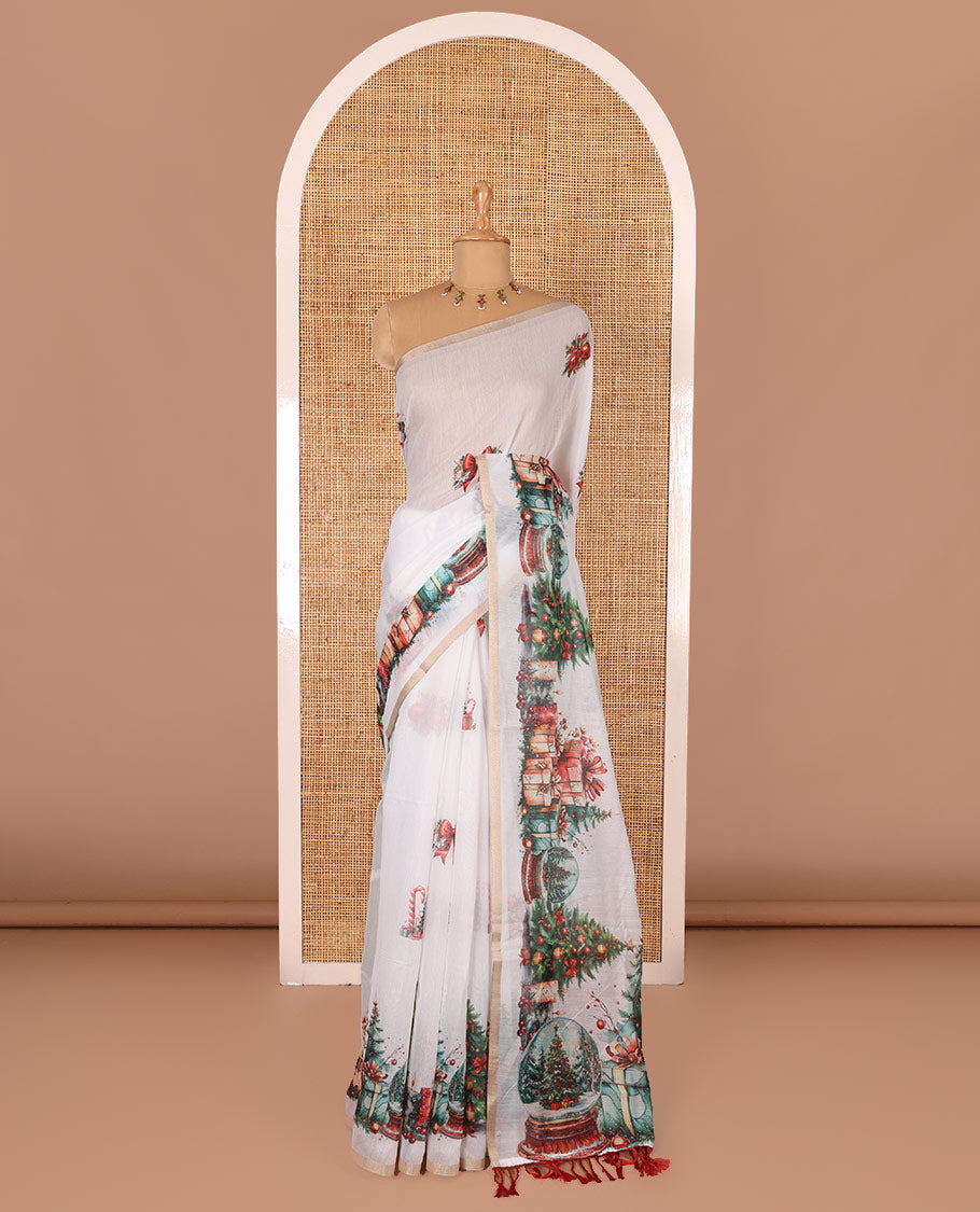 White Christmas-theme motifs digital printed Chanderi cotton saree, piping zari border, pallu of Christmas tree and gift motifs print, and Christmas-theme printed blouse