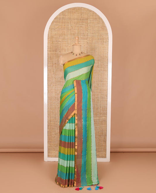 Rani rainbow-style striped Khadi mul cotton saree with piping zari border, and a matching zari striped blouse