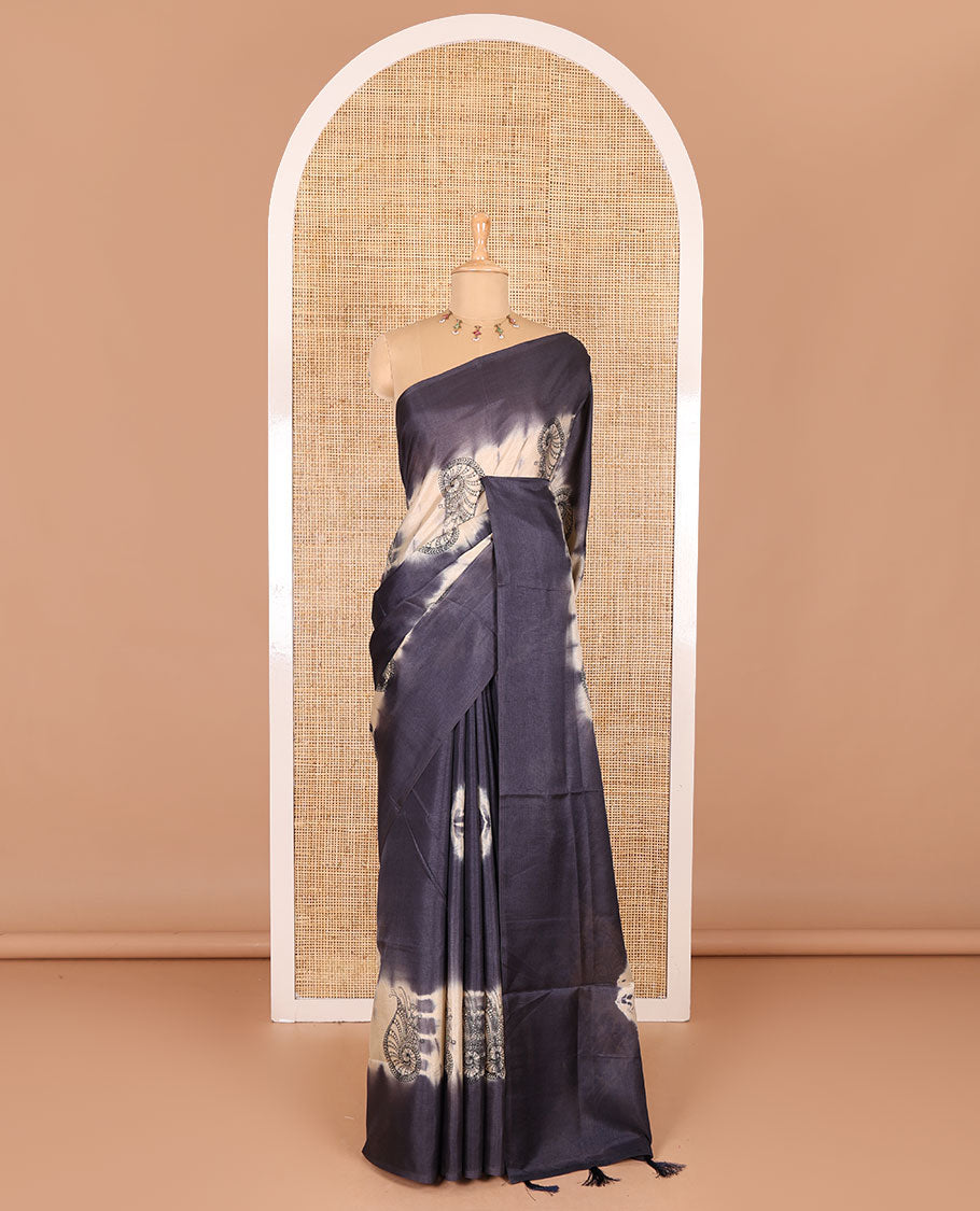 Borderless navy blue shibori printed with shell motifs, blockprinted Manipur tussar saree, shibori printed pallu, and a plain matching blouse