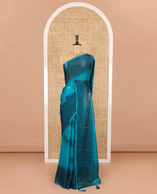 Borderless peacock green floral motifs printed fendy satin saree with a self-pallu and a matching blouse