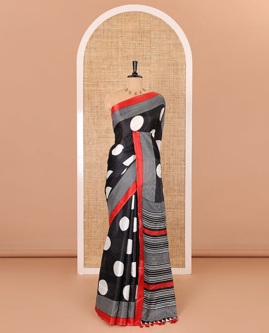 Black polka dots printed art khadi cotton saree, contrast striped border, striped pallu, and a contrast striped blouse