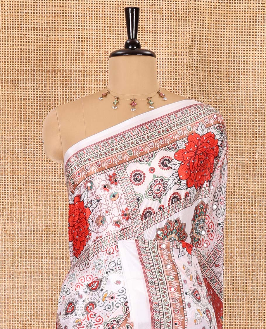 White geometric and floral printed with mirror work masakali saree, self-border, printed and mirror work pallu, and a matching blouse