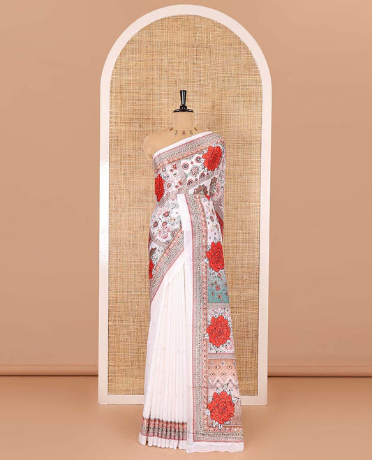 White geometric and floral printed with mirror work masakali saree, self-border, printed and mirror work pallu, and a matching blouse