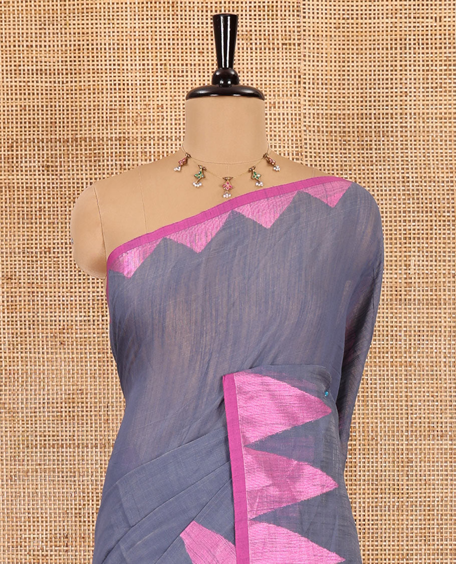 Grey plain khadi mul cotton saree, contrast thread temple border, plain pallu, and a contrast plain blouse