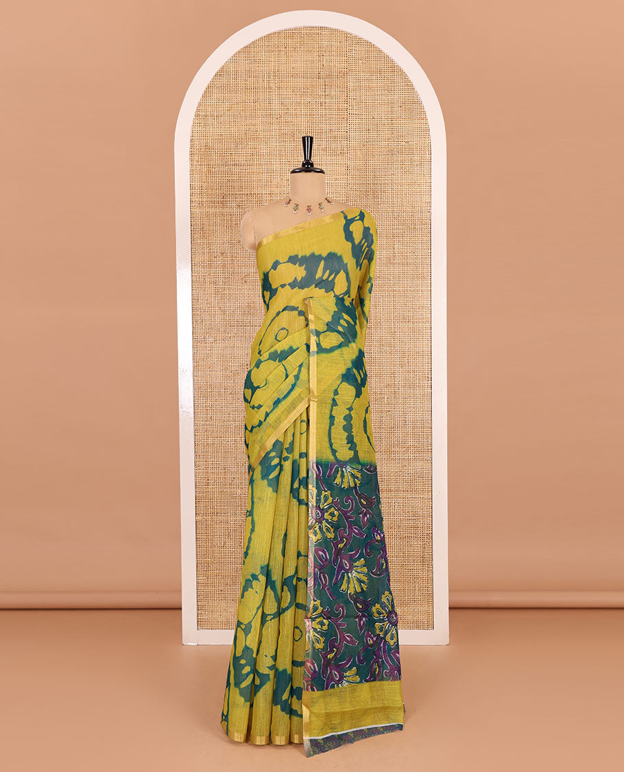 Borderless green big circle shibori printed linen cotton saree, contrast sanganeri floral block printed pallu, and a contrast printed blouse