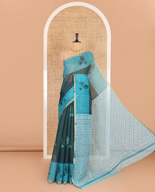 Green vertical striped and floral buttas linen cotton saree, contrast striped and floral printed border, jaal pallu, and a contrast printed blouse