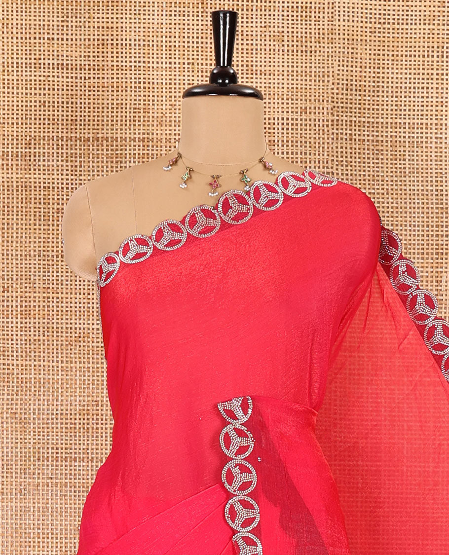 Rani pink plain fendy chiffon saree, scallop micro stone border, intricate stone work pallu, and a matching micro-stone blouse