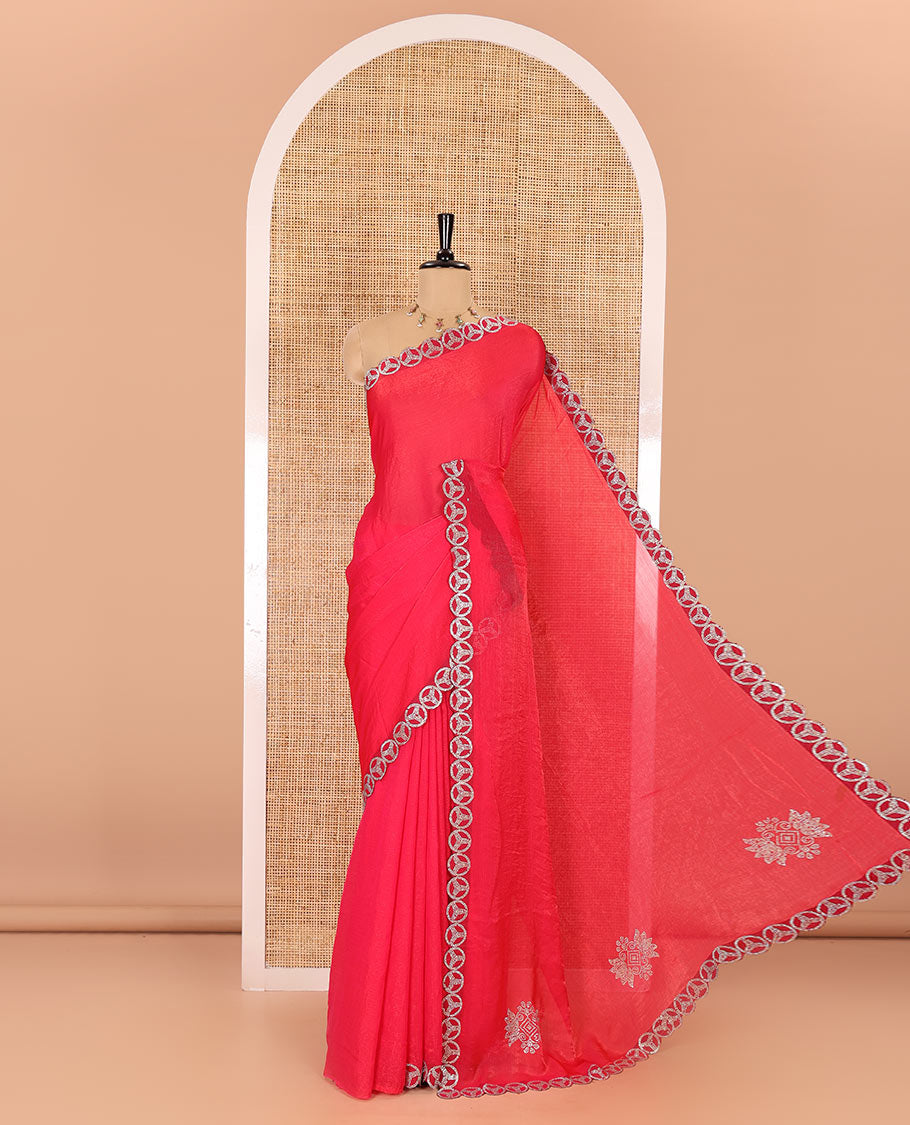 Rani pink plain fendy chiffon saree, scallop micro stone border, intricate stone work pallu, and a matching micro-stone blouse