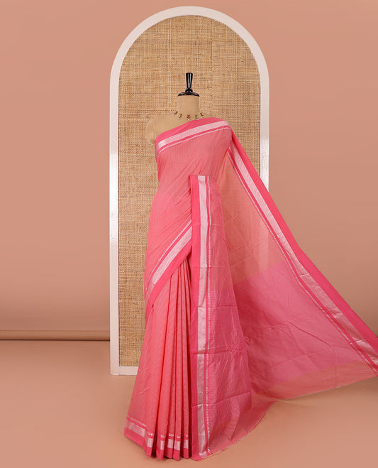 Pink horizontal striped mercerised cotton saree, thread woven temple border, striped pallu, and a matching blouse