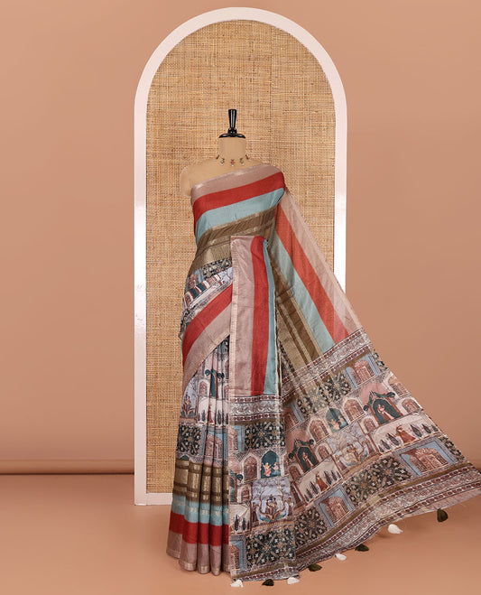 Green Mughal-style motifs printed moss crush saree, contrast double-sided colorful-dyed with zari work border, Mughal-style printed pallu, and a floral motifs printed blouse