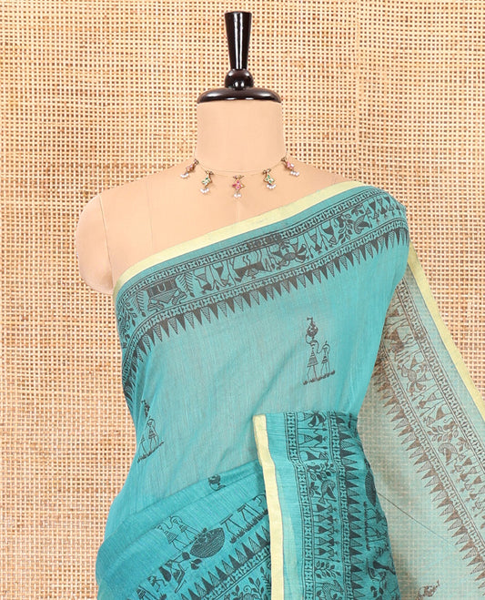 Rama green Warli-village printed khadi cotton saree, printed border, and contrast warli motifs printed pallu, and contrast plain blouse