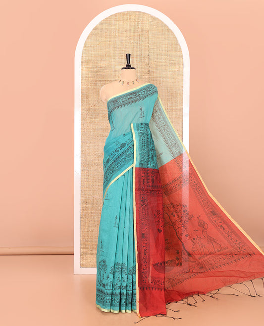 Rama green Warli-village printed khadi cotton saree, printed border, and contrast warli motifs printed pallu, and contrast plain blouse