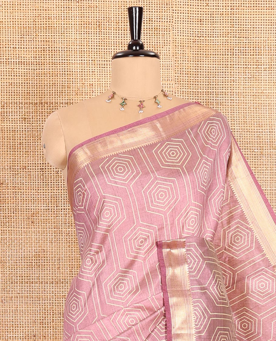 Lavender Semi-Tussar Saree Subtly Sparked with Hexagonal Geometric Patterns Printed All Over Its Body, Featuring Traditional Zari Design Border, Gleaming Zari Striped Pallu, and a Matching Blouse