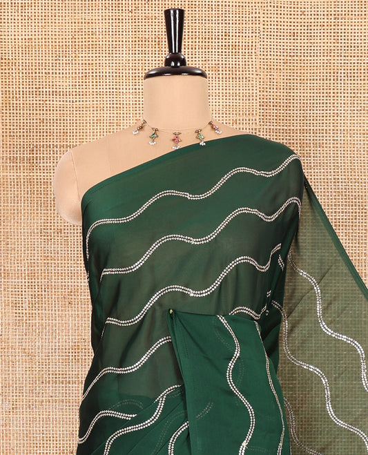 Borderless Green Rangoli Chiffon Saree Featuring Sequins-Embroidered Zig-Zag Stripes Woven Across Its Body and Pallu, Comes Without a Blouse