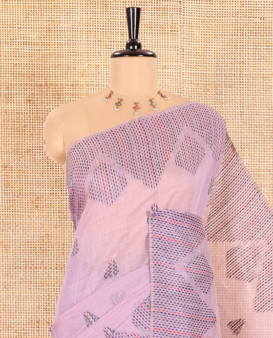 Lavender Munga Cotton Subtly Sparkled with Geometric Patterns in Thread Kantha Embroidery, Complemented with a Diamond-Patterned Kantha Embroidery Border, and Paired with a Matching Blouse