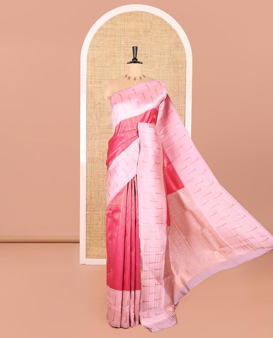 Rani Pink Kanchi Silk Saree, Elegantly Detailed with Zari Designs All Over Its Body, Complemented by Contrast Zari  Border Steeped with Muniya Motifs, a Majestically Detailed Pallu, and Paired with a Contrast Brocade Blouse