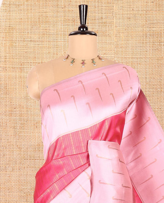 Rani Pink Kanchi Silk Saree, Elegantly Detailed with Zari Designs All Over Its Body, Complemented by Contrast Zari  Border Steeped with Muniya Motifs, a Majestically Detailed Pallu, and Paired with a Contrast Brocade Blouse