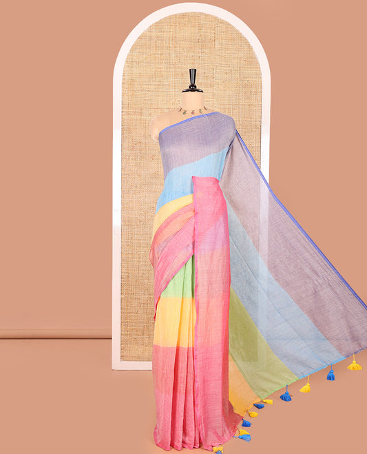Borderless Multi-Colored Khadi Mul Cotton Saree Adorned with Rainbow-Style Stripes All Over the Saree, Subtly Sparkled Colorful Tassels, and Paired with a Matching Blouse