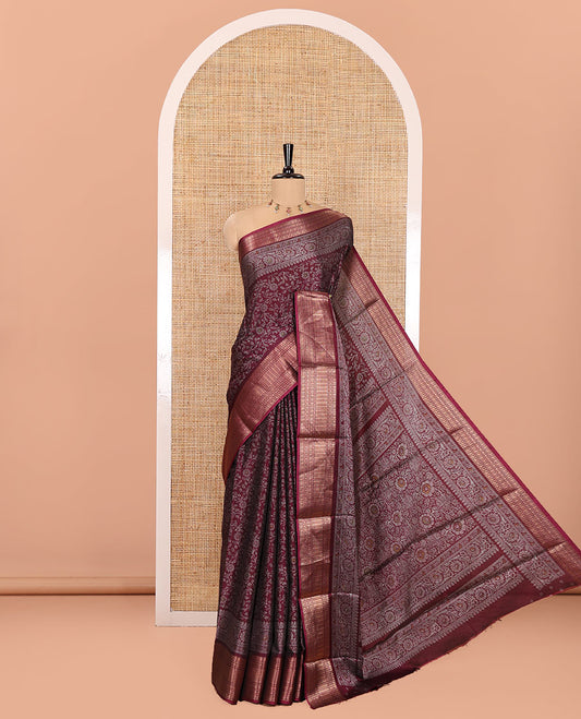 Purple Dola Silk Saree, Subtly Designed with Floral Jaal Print All Over Its Body, Highlighted by Traditional Zari Designs Woven Border, Pallu Replicates the Same Body Print, and Comes with a Matching Blouse