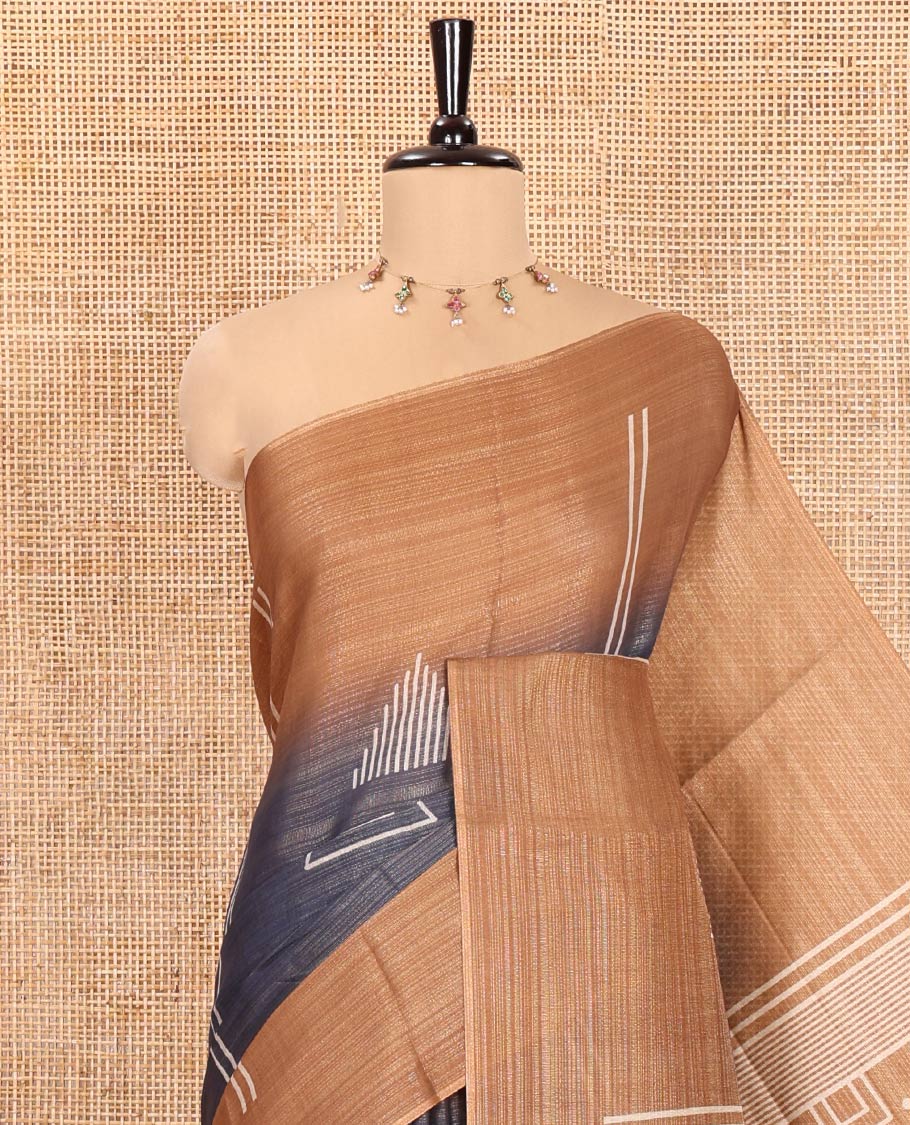 Grey and Brown Tissue Saree, Elevated with Horizontal Stripes and Geometric Motifs Printed All Over Its Body, Complemented by a Contrast-Printed Border, Pallu Depicts Geometric Patterns, and Paired with a Contrast Geometric Printed Blouse
