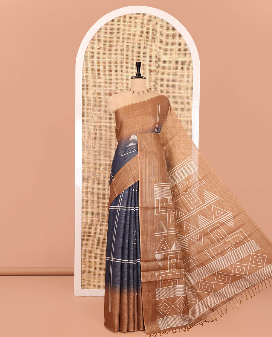 Grey and Brown Tissue Saree, Elevated with Horizontal Stripes and Geometric Motifs Printed All Over Its Body, Complemented by a Contrast-Printed Border, Pallu Depicts Geometric Patterns, and Paired with a Contrast Geometric Printed Blouse