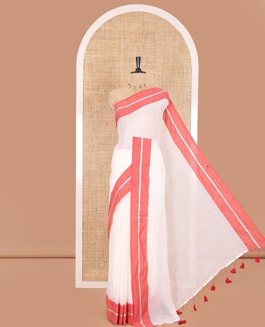 Cream and Red Plain Khadi Mul Cotton Saree, Complemented by Contrast Horizontal Striped Border, Plain Pallu, and Paired with a Matching Blouse