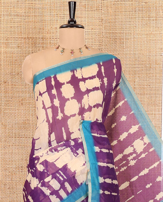 Purple Mercerised Cotton Saree, Bedecked with Shibori Printed on Its Body, Complemented by a Contrast Border, Pallu Steeped with Colorful Floral Print, and Paired with a Contrast Printed Blouse