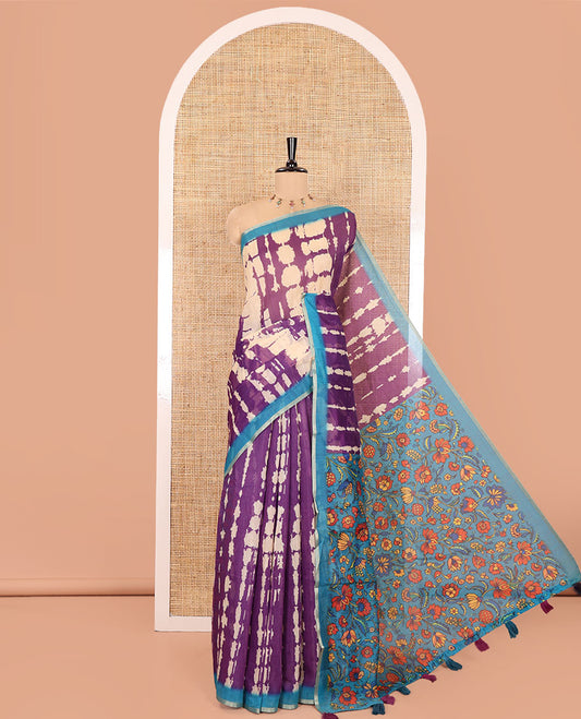 Purple Mercerised Cotton Saree, Bedecked with Shibori Printed on Its Body, Complemented by a Contrast Border, Pallu Steeped with Colorful Floral Print, and Paired with a Contrast Printed Blouse