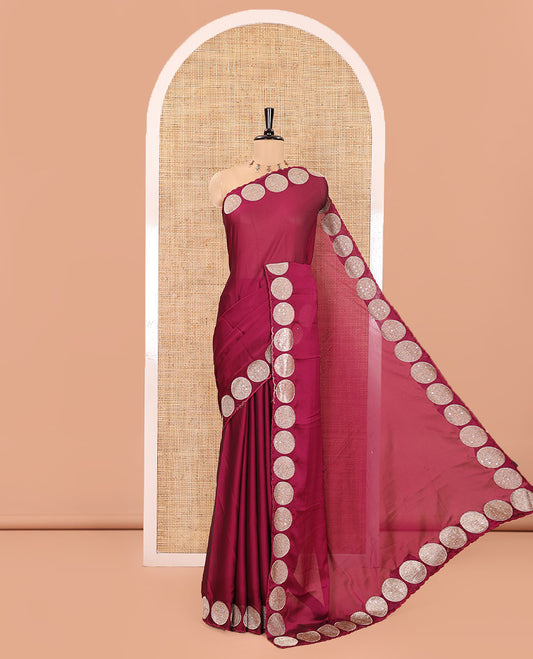 Purple Plain Black Rangoli Saree, Scallop Border Highlighted by Round Motifs, Patch Embroidery, Self-Pallu, and Paired with a Matching Blouse