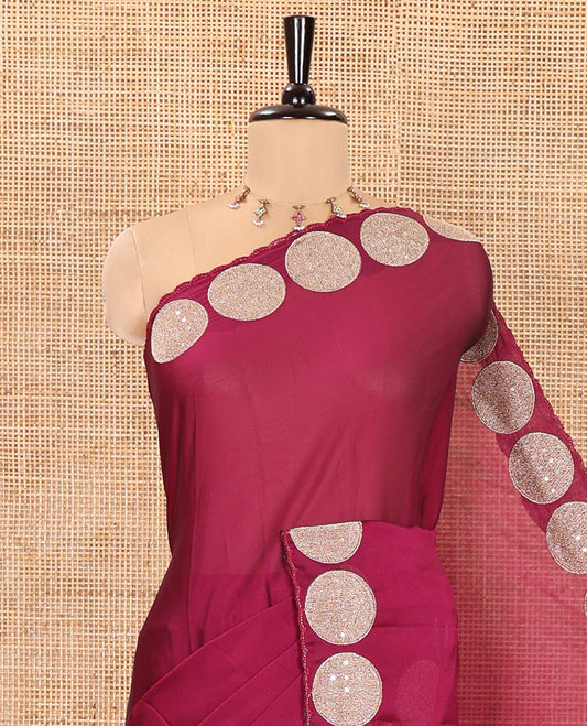Purple Plain Black Rangoli Saree, Scallop Border Highlighted by Round Motifs, Patch Embroidery, Self-Pallu, and Paired with a Matching Blouse