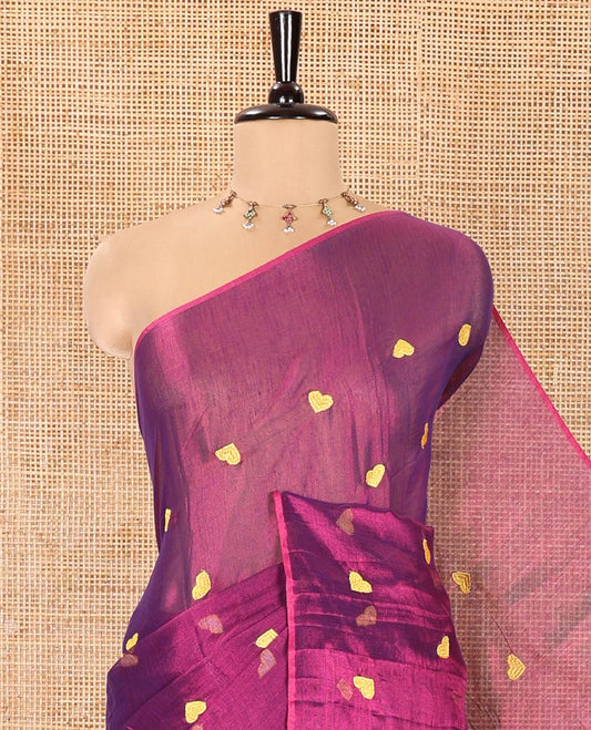 Borderless Purple Tissue Mul Cotton Saree, Artfully Designed with Heart Motifs Embroidered on Its Body,  Pallu Mirrors the Same Embroidery, and Is Paired with a Matching Blouse
