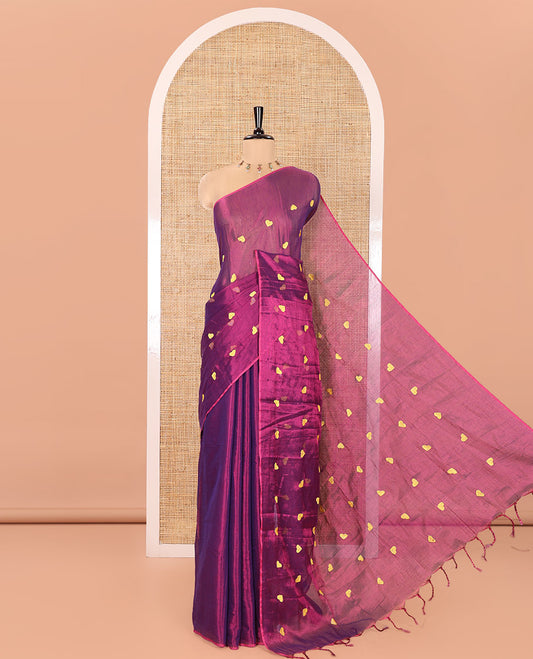 Borderless Purple Tissue Mul Cotton Saree, Artfully Designed with Heart Motifs Embroidered on Its Body,  Pallu Mirrors the Same Embroidery, and Is Paired with a Matching Blouse