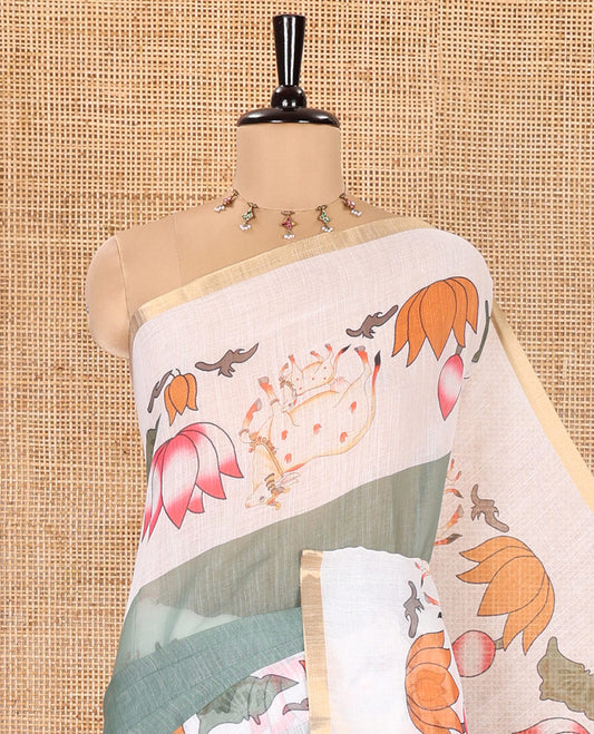 Green Plain Linen Cotton Saree, Complemented by a Contrast Border Depicting Pichwai Cow and Lotus Motifs Print, Pallu of the Same Body Print, and Paired with a Contrast Blouse