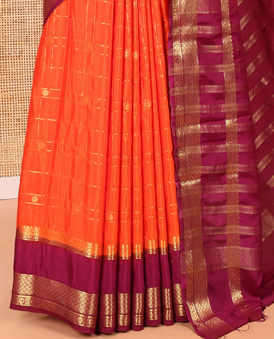 Orange Art Mysore Silk Saree, Richly Detailed with Zari Butta and Zari Checked Design All Over Its Body, Complemented by a Contrast Traditional Zari Rettai Pettu Border, Pallu Steeped in Zari Stripes, and Paired with a Contrast Blouse