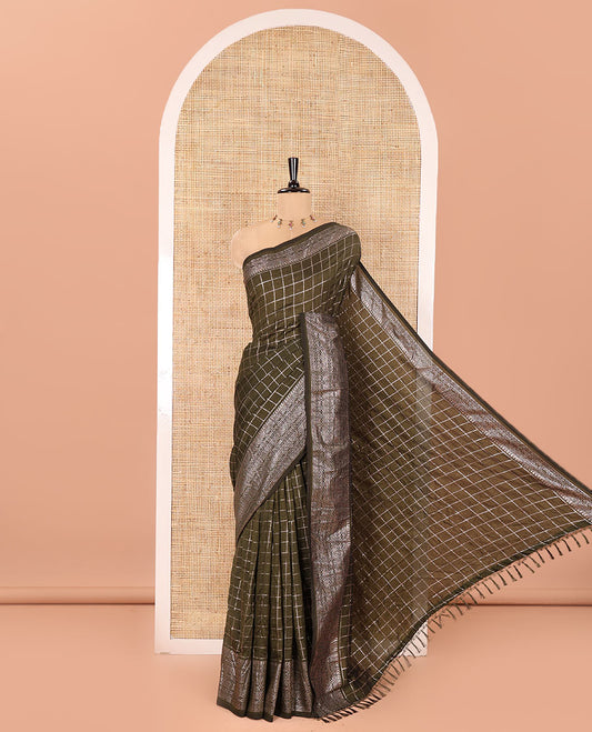 Olive Vichitra Saree, Embellished with Medium-Sized Checked Design on Its Body, Highlighted by a Traditional Design Border, Self-Pallu, and Comes Without a Blouse