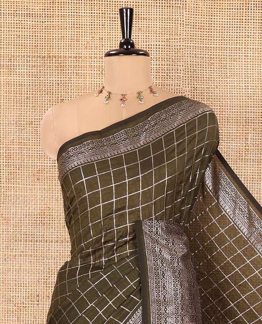 Olive Vichitra Saree, Embellished with Medium-Sized Checked Design on Its Body, Highlighted by a Traditional Design Border, Self-Pallu, and Comes Without a Blouse
